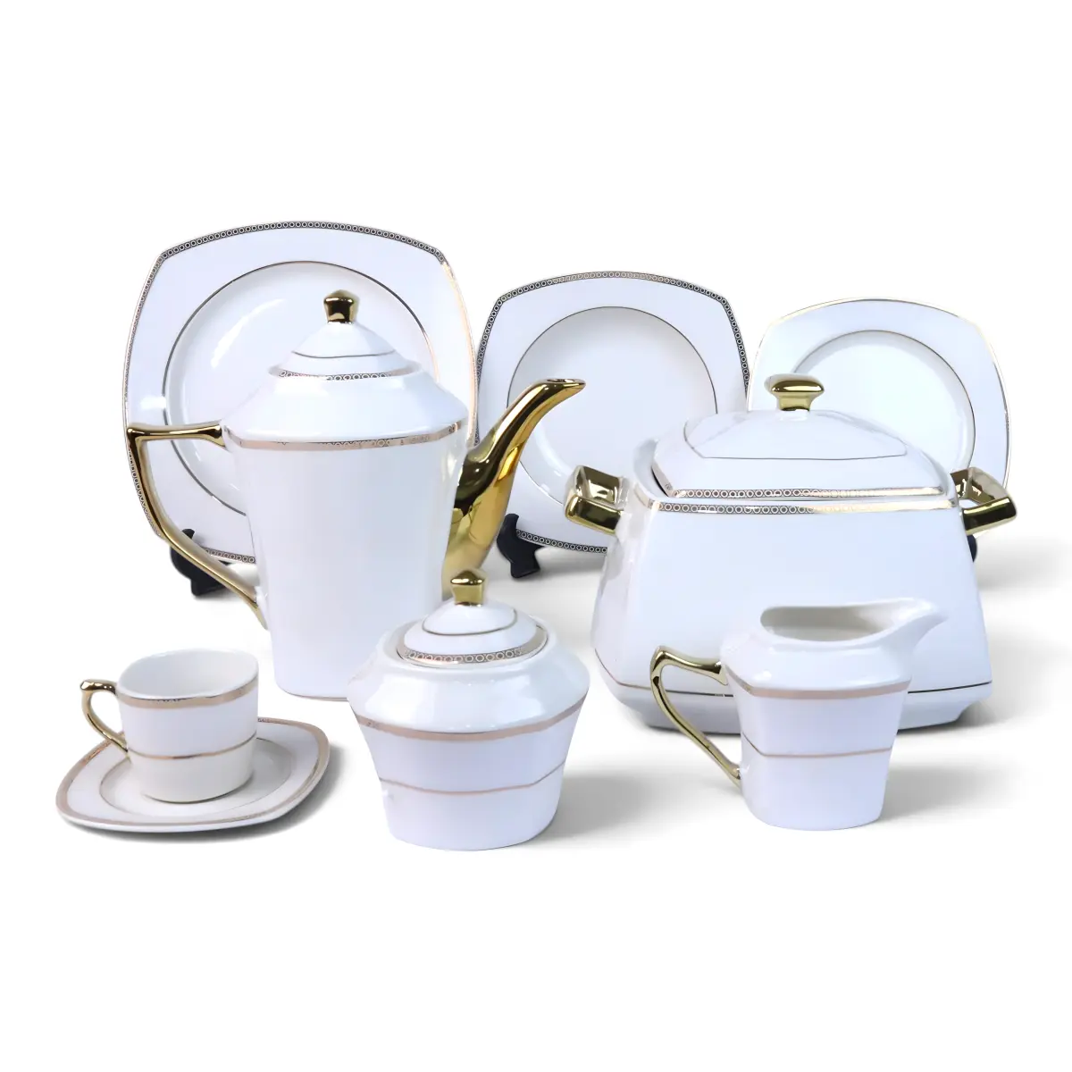 Florida 68-piece dinnerware set, Diamond rim (gold/pewter)