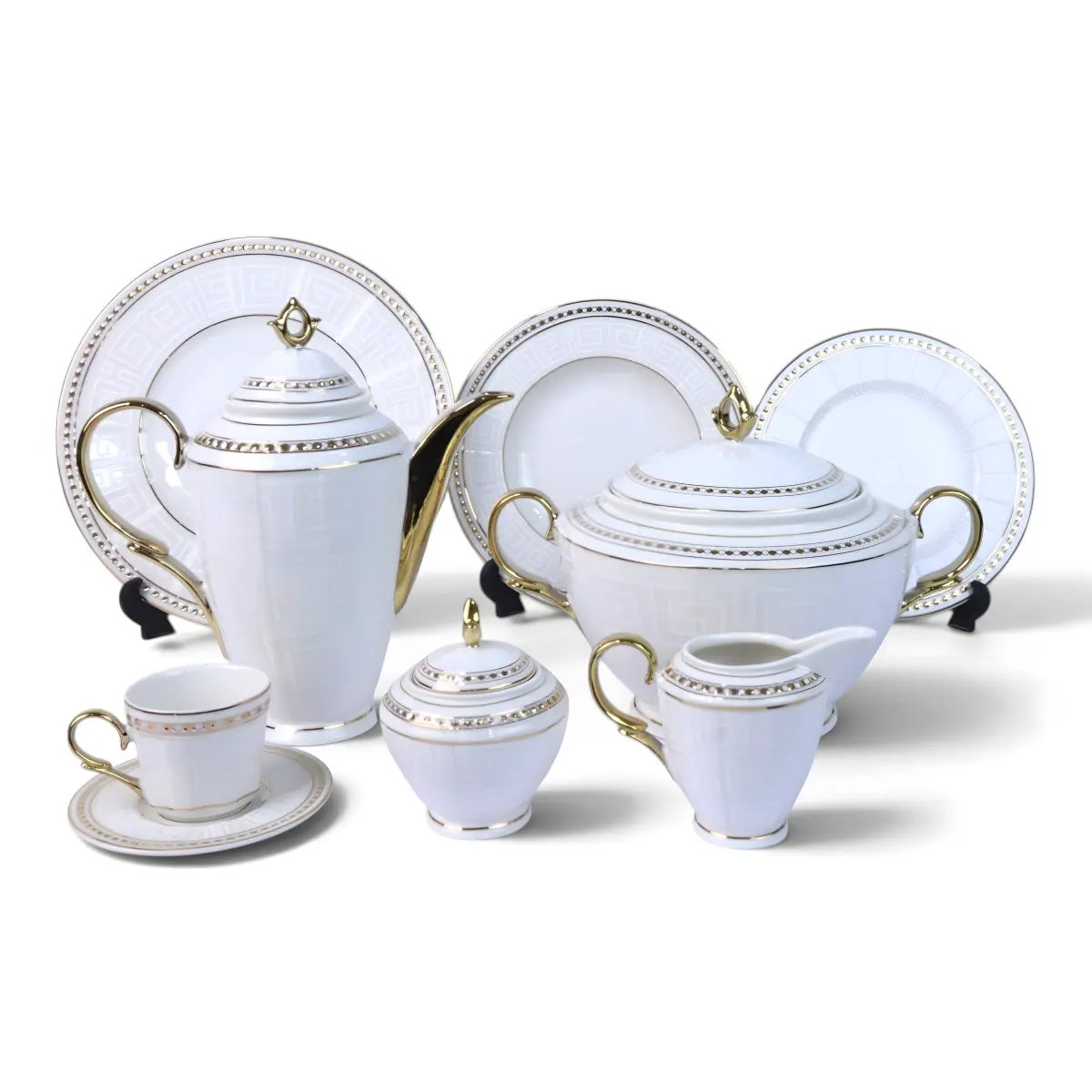 Versace 68-piece dinnerware set, Waterwheel rim (gold/pewter)